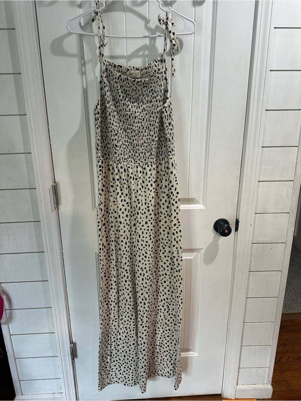PACT Organic Cotton Smocked Wide Leg Jumpsuit Spotted Black Print